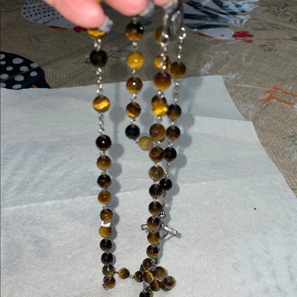 Vintage Silver and Brown Beaded Rosary Necklace